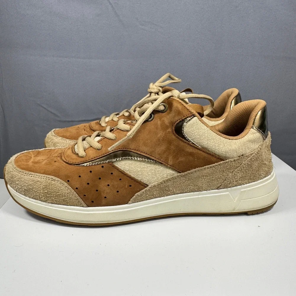 Vionic Nova Sneakers Mens 12 Tan Brown Suede Metallic Orthotic Walking Shoes
